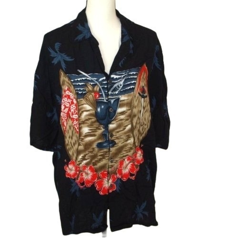 Basix Hawaiian Shirt Men's Large – Black Floral Print – Short Sleeve 100% Rayon